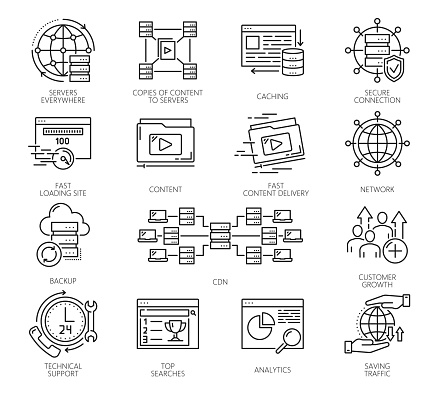 CDN, content delivery network icons. Vector thin line data center proxy servers and computers. Web technology outline signs of digital content distribution, database, media files and document security