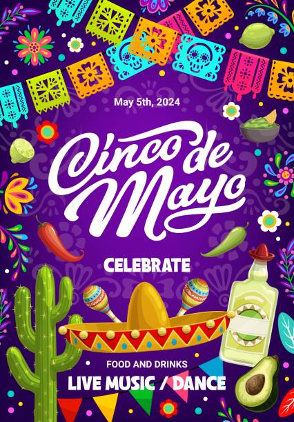 Cinco de Mayo holiday flyer, Mexican party banner Cinco de mayo holiday flyer or banner for Mexican fiesta celebration, vector background. Mexico 5 May holiday festival or party event poster with sombrero, tequila, avocado and papel picado flags background of mexican percussion instruments stock illustrations