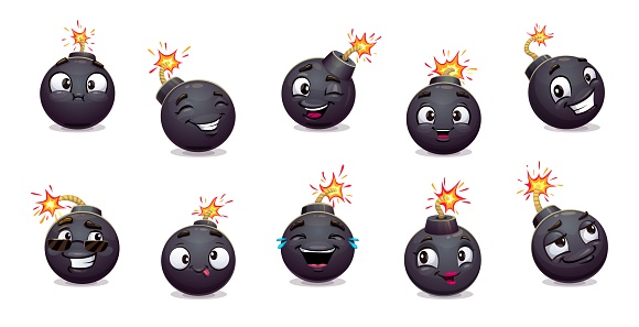 Cartoon bomb characters. Explosive, weapon personages with cute smiling faces, fire sparks and wicks. Vector explosion emojis set of retro bomb or grenade black spheres with sunglasses and tongue