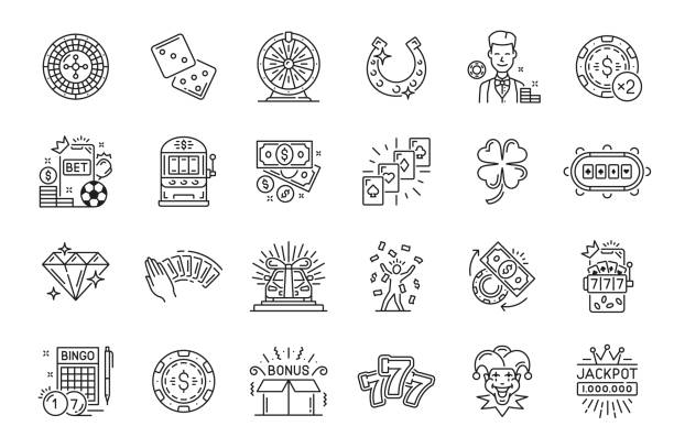 ilustrações de stock, clip art, desenhos animados e ícones de casino, gambling and fortune outline icons - people gambling line art casino