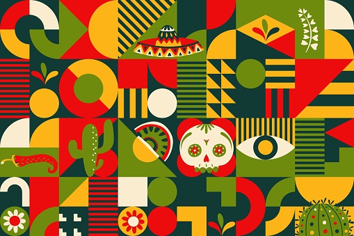 Mexican abstract poster with geometric shapes, creative collage template. Vector background with mosaic of skull, sombrero hat, cactus and jalapeno peppers in bright green, yellow, white or red colors