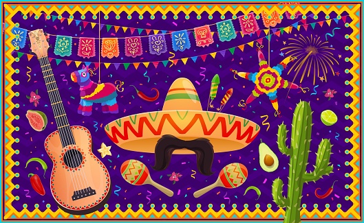 Mexican holiday banner with sombrero, pinata, papel picado flags, cactus and guitar. Cinco de Mayo or fiesta latin event celebration. Vector background with mustaches, maracas, fireworks and avocado