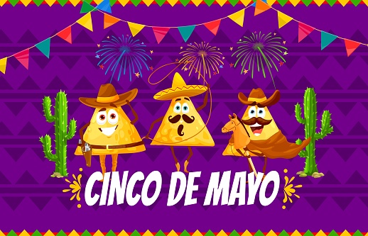 Nachos chips cowboy characters, Cinco de Mayo Mexican holiday vector banner. Cartoon Mexican nachos in sombrero with lasso on horse stick with firework and cactus for Cinco de Mayo holiday fiesta
