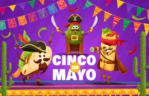 Vector illustration of Cinco de Mayo banner with mexican food pirates