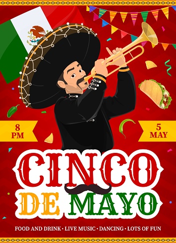 Mexican mariachi musician man on Cinco De Mayo holiday party flyer. Traditional Mexico celebration poster, Cinco de Mayo party vector banner with mariachi musician character, tacos and national flag