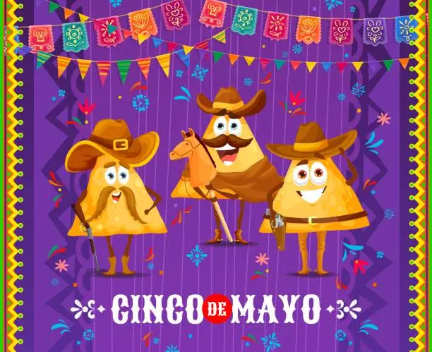 Vector illustration of Cinco de Mayo banner cartoon Mexican nachos cowboy