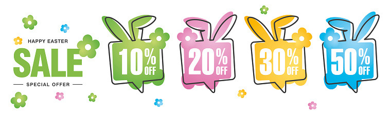 Spring Easter Sale special offer 10 20 30 50 percent off colorful flower and Easter bunny negative space discount numbers stickers white background