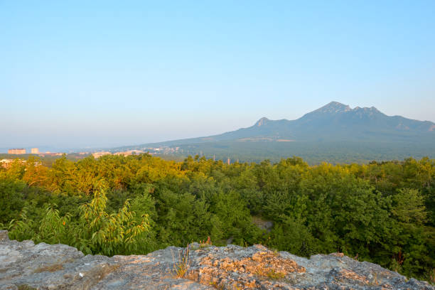 Early morning view from a hill on Mount Beshtau, Pyatigorsk. Summer dawn in the mountains of Pyatigorsk.