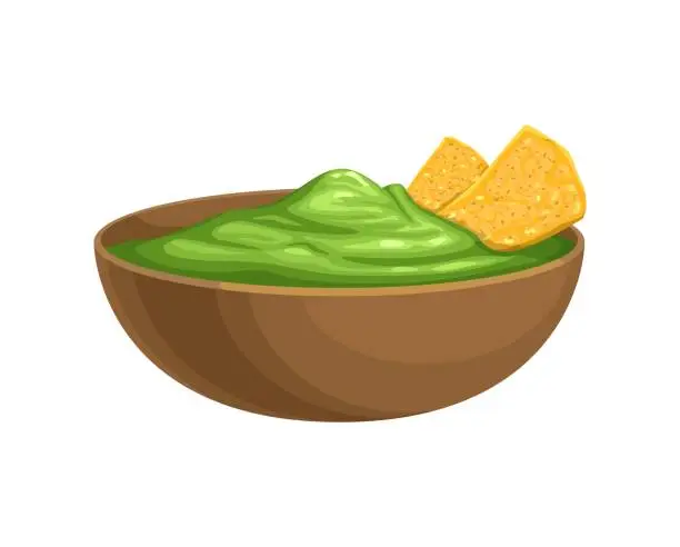 Vector illustration of Mexican food, guacamole sauce bowl with nachos