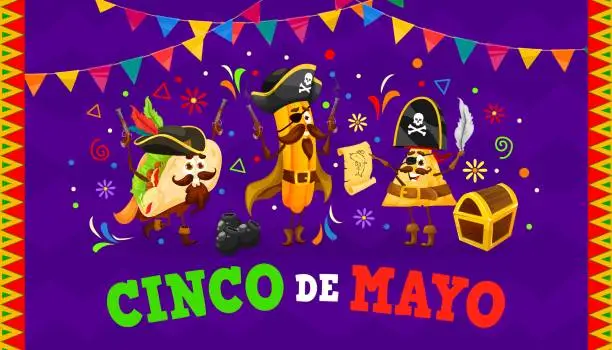 Vector illustration of Cinco de Mayo banner with mexican food pirates