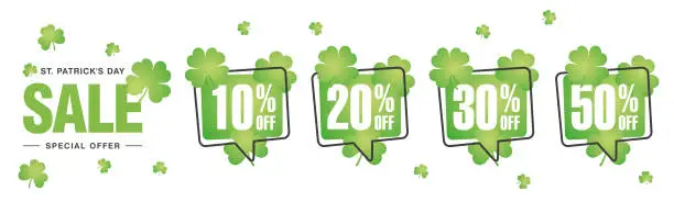 Vector illustration of Saint Patrick's Day Sale special offer 10 20 30 50 percent off green clover negative space discount numbers stickers white background