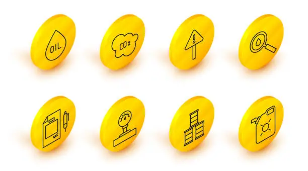 Vector illustration of Set line Canister for motor oil, Barrel, Gauge scale, Contract money and pen, Oil drop, Exclamation mark in triangle, CO2 emissions cloud and icon. Vector