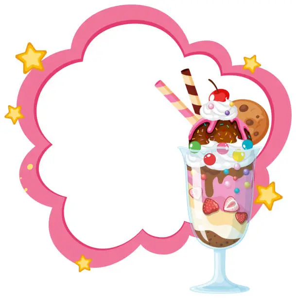 Vector illustration of Colorful ice cream sundae with whimsical cloud frame