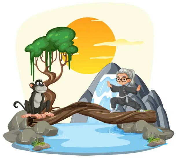 Vector illustration of Elderly man and monkey sitting by a river at sunset.