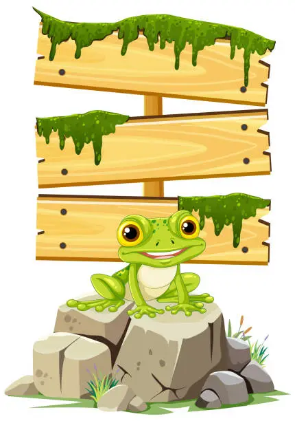 Vector illustration of Happy frog sitting under a mossy wooden sign.