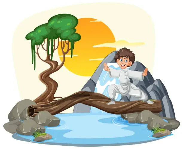 Vector illustration of Happy child crossing a stream on a log bridge