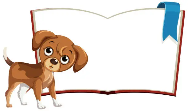 Vector illustration of Cute brown puppy standing beside an open book