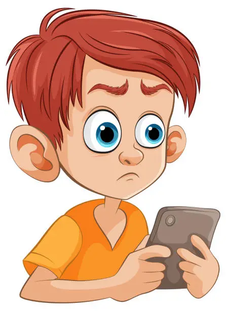 Vector illustration of Cartoon of a young boy looking at phone anxiously