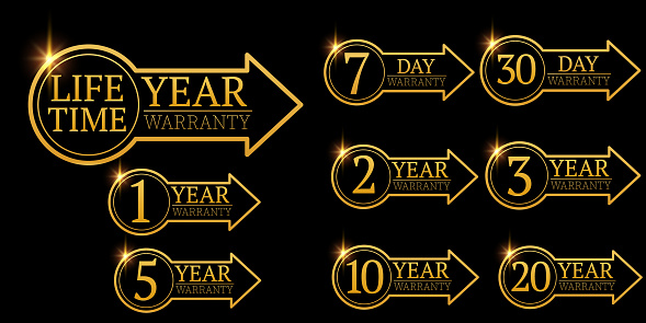 set of golden warranty logo,Vector golden warranty number. 7, 30, 3, 1, 2, 3,6, 5, 10, 15,,20life time,logo design. vector illustration