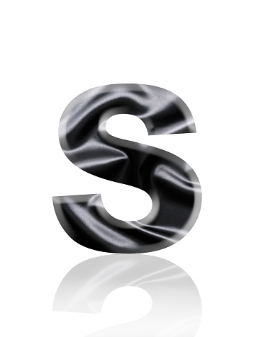 Close-up of three-dimensional crumpled black satin alphabet letter S on white background.