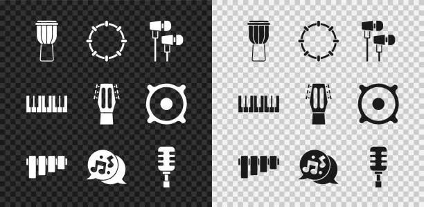 Vector illustration of Set Drum, Tambourine, Air headphones, Pan flute, Music note, tone, Microphone, synthesizer and Guitar icon. Vector