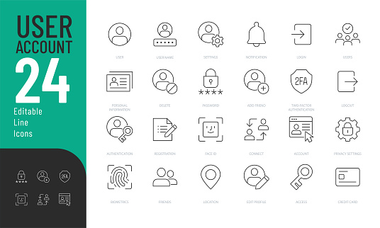 Vector illustration in modern thin line style of personal profile related icons: password, access, avatar, user name, and more. Pictograms and infographics for mobile apps