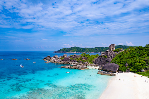 Aerial view of the Similan Islands, Andaman Sea, natural blue waters, tropical sea of Thailand. the beautiful scenery of the island is impressive.