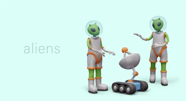 Vector illustration of Aliens in spacesuits discuss space rover. Extraterrestrial civilization studies human technology