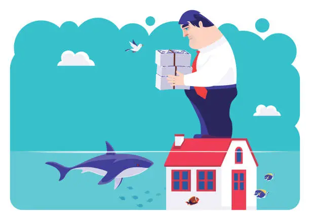 Vector illustration of mid adult businessman holding stack of banknotes and standing on roof of drowned house