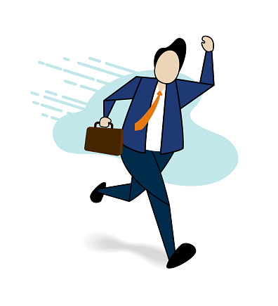 Late businessman with briefcase rushes to be on time Run with determination to reach the dog point. Flat vector illustration isolated on white.