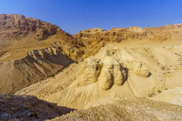 View of desert cliffs and landscape in Qumran, North West of the Dead Sea, Southern Israel