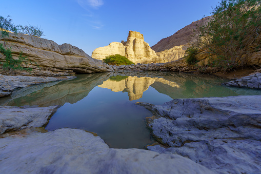 View of the Zohar stronghold, with a winter puddle, Judaean Desert (Dead Sea coast), southern Israel