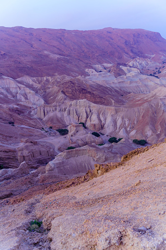 Sunset view of the Zohar stronghold, and Zohar valley landscape, Judaean Desert (Dead Sea coast), southern Israel