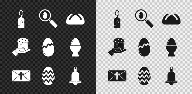 Vector illustration of Set Burning candle, Search easter egg, Easter cake, Greeting card with Happy, Ringing bell, Human hand and Broken icon. Vector