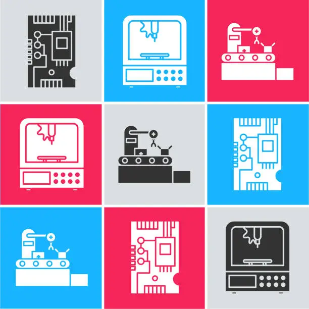 Vector illustration of Set Electronic computer components motherboard digital chip, 3D printer and Factory conveyor system belt icon. Vector