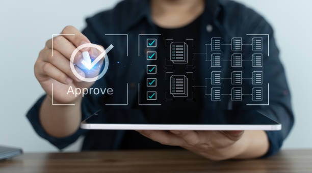 istock Business people tick correct mark and Approve Data online for quality assurance, Data check list and correct mark for guarantee, Data management concept. 2064996793