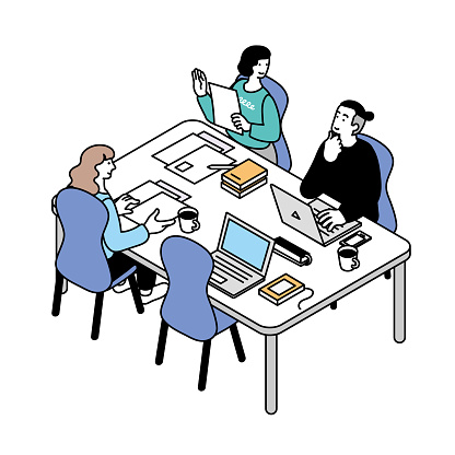 Isometric simple illustration of people working in an office with free address desk