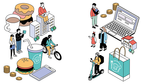 A simple illustration of an isometric composition imagining food delivery