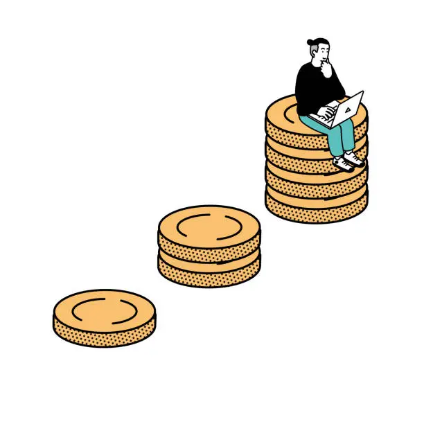 Vector illustration of Isometric composition Illustration of a man sitting on a coin and playing a computer