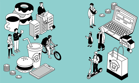 A simple illustration of an isometric composition imagining food delivery