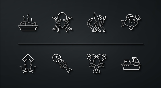 Set line Served fish on a plate Octopus Tropical Lobster Fish skeleton Fishing boat and Seaweed icon. Vector.