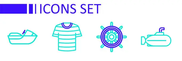 Vector illustration of Set line Submarine, Ship steering wheel, Striped sailor t-shirt and Jet ski icon. Vector