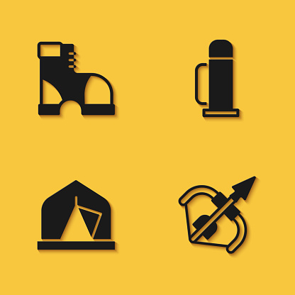 Set Hunter boots Medieval bow and arrow Tourist tent and Thermos container icon with long shadow. Vector.