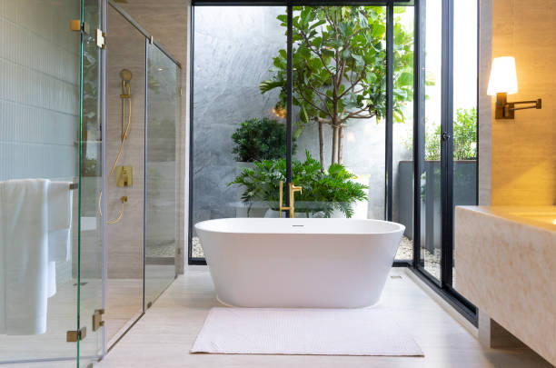 istock Modern White Marble Bathroom Design with Freestanding Bathtub. 2065075141