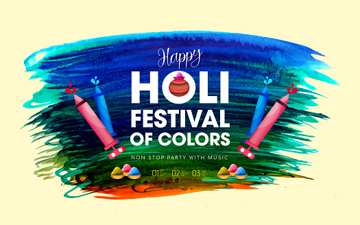 Happy Holi festival poster template with Holi powder color bowls. stock illustration