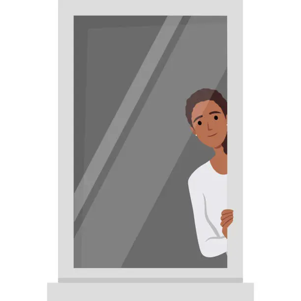 Vector illustration of Young woman looking something outside window. Peeking from her room