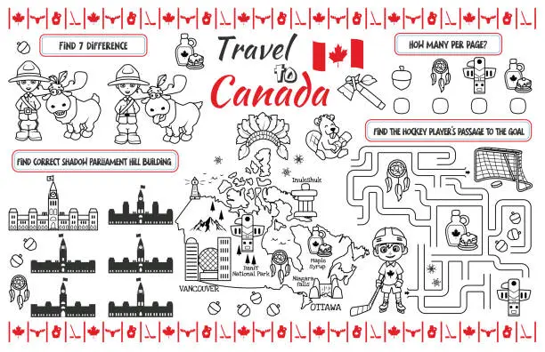Vector illustration of Printable the “Travel to Canada” activity sheet with a labyrinth, find the differences and find the same ones.