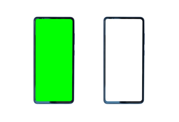 istock Smartphone with green screen and white screen isolated on white background with clipping path. Blank mobile screen for presentation template. Mobile phones used in advertising design 2065095036