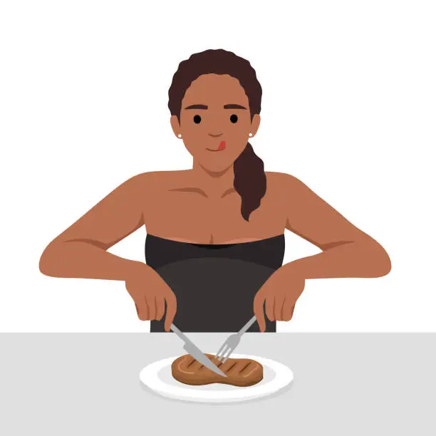 Vector illustration of Young woman enjoy eating steak in the dish holding knife and fork as she is ready to eat.