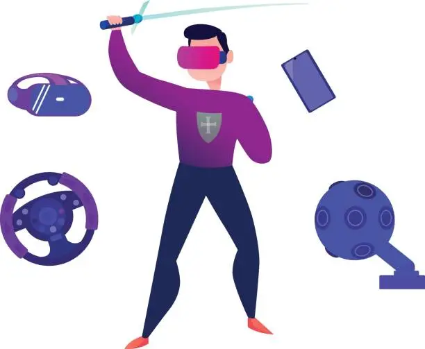 Vector illustration of Boy playing sword game wearing VR.